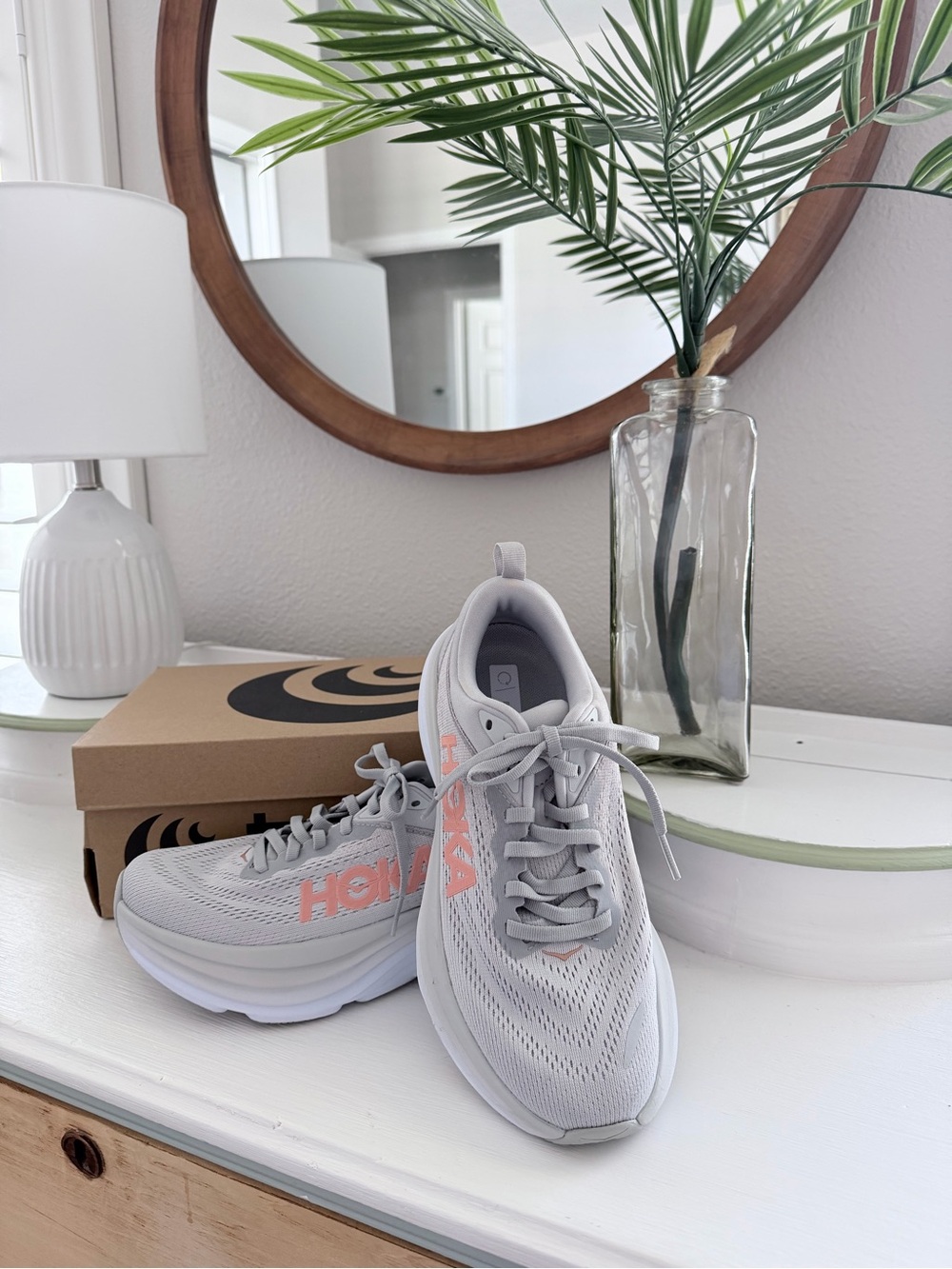 Hoka Women's Light Gray Running Shoes with Coral Accents - Picture 2 of 3